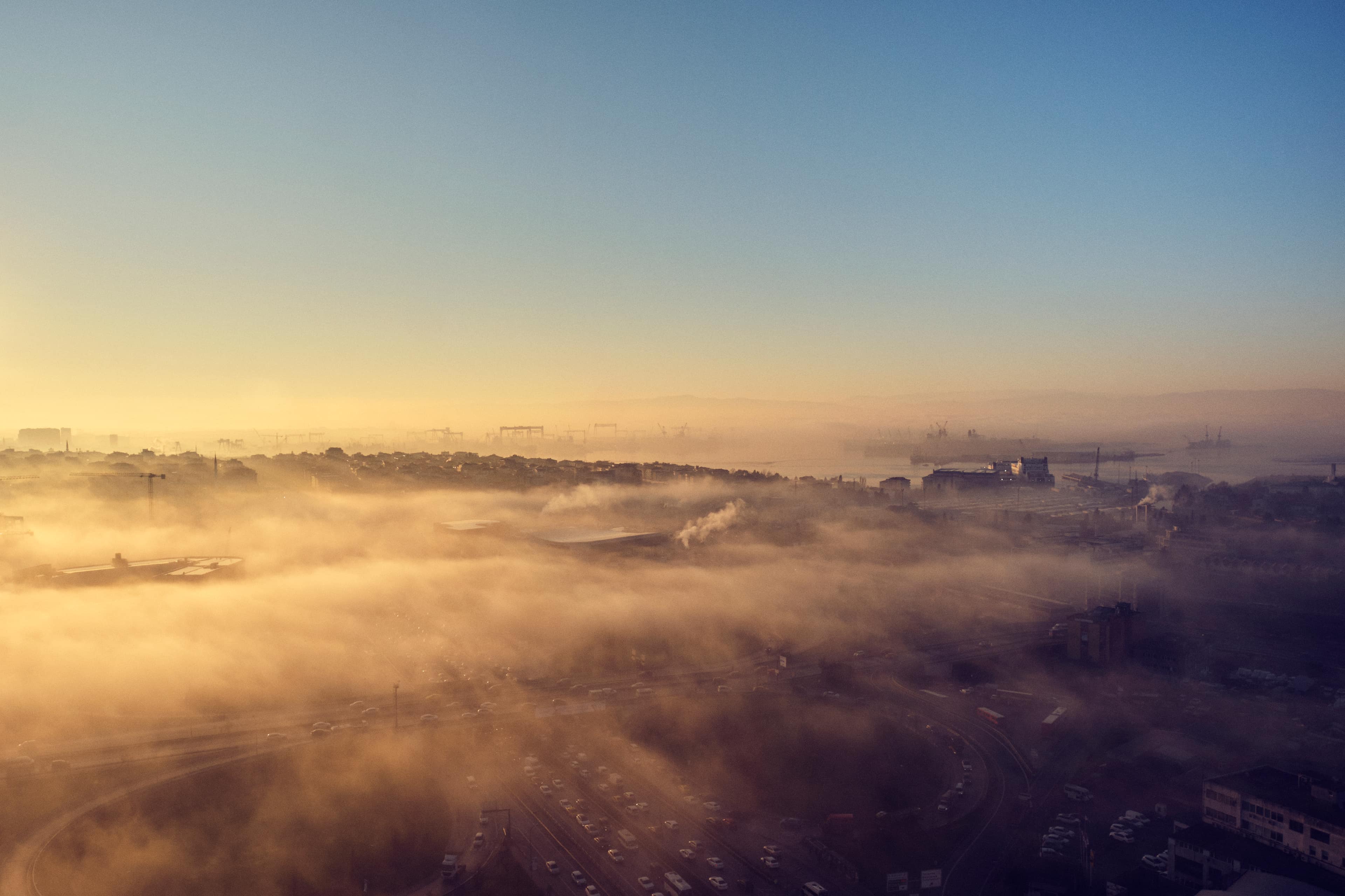 Aerial photo of the port of Pendik under the morning fog