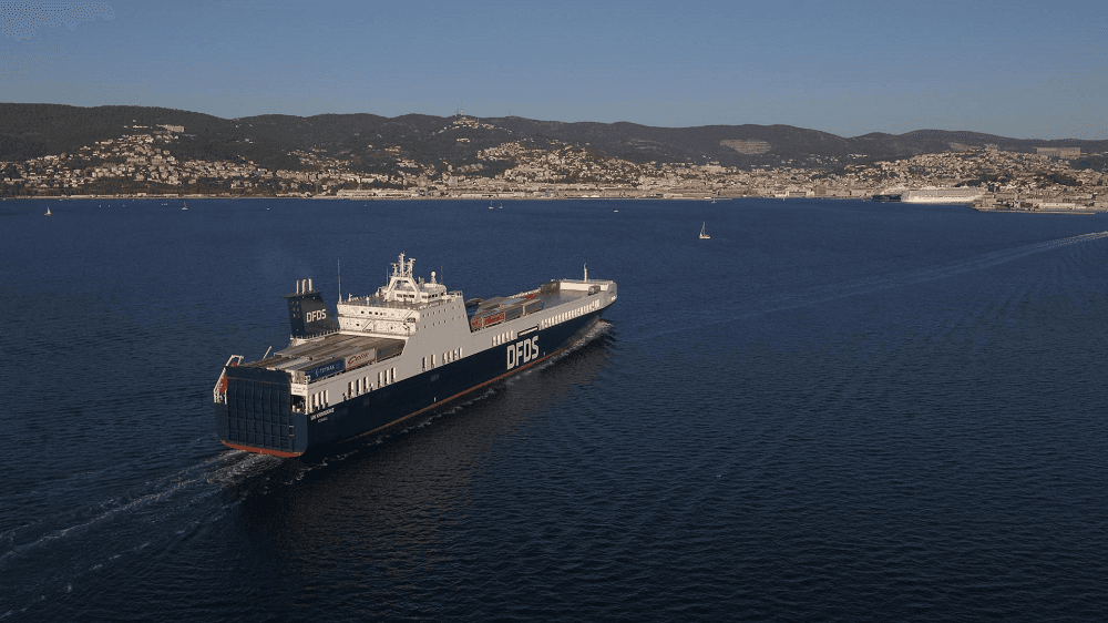 DFDS Freight vessel sailing into port