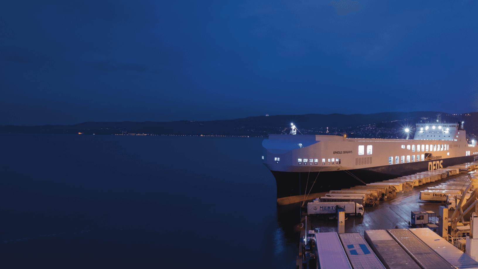 DFDS vessel Ephesus Seaways docked at night