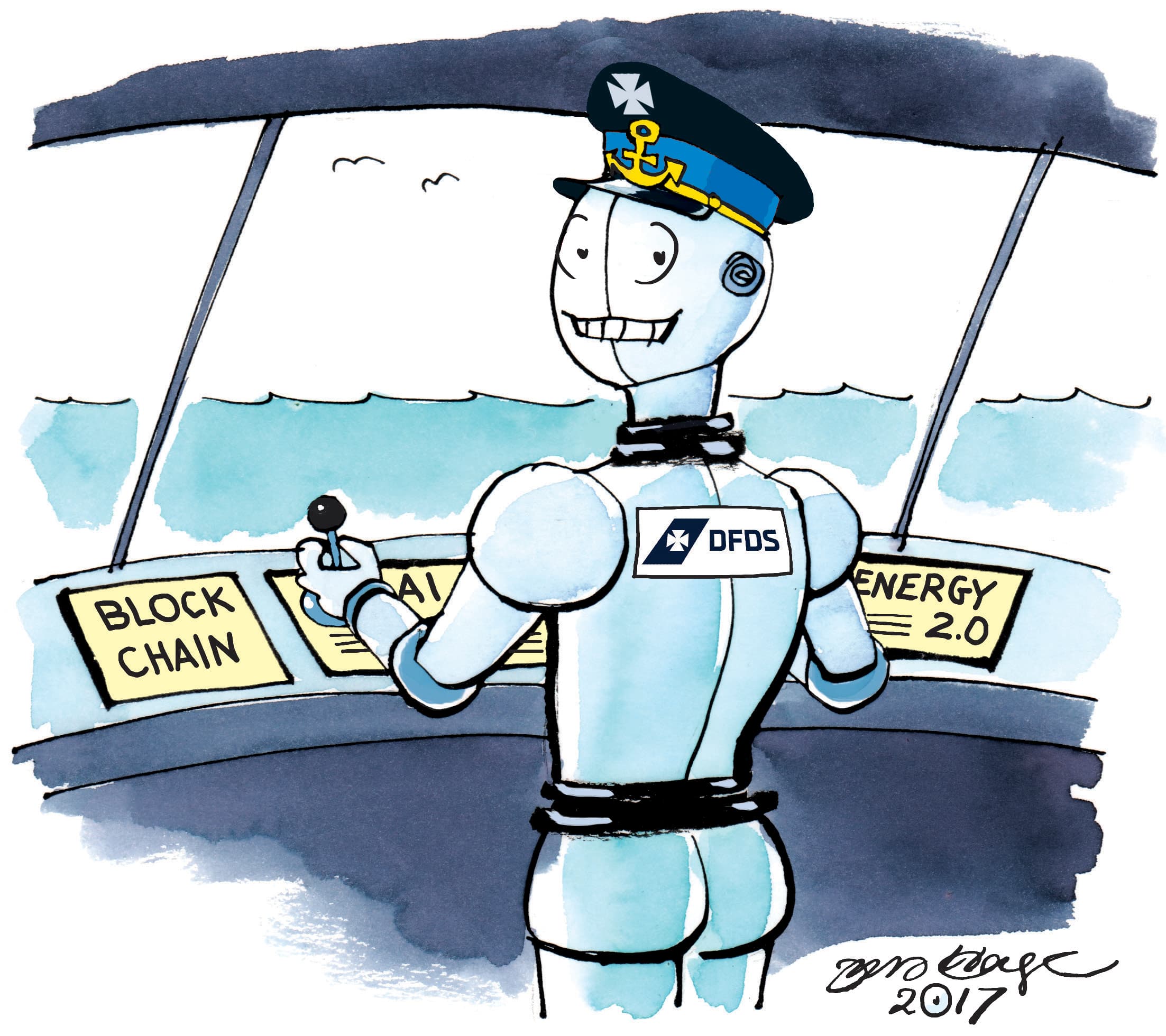 Cartoon of a robot as the captain of a DFDS ship