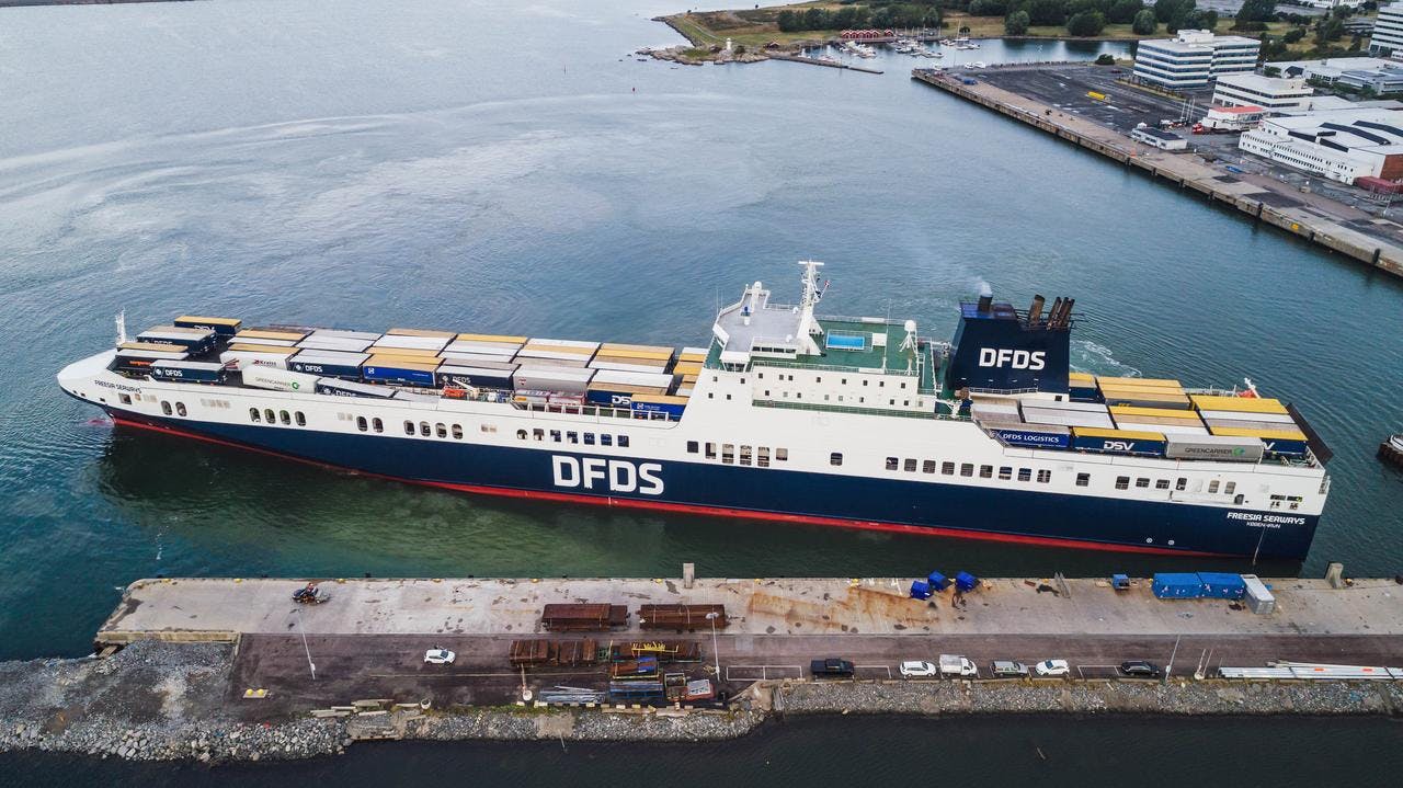 DFDS ship at port, with cargo