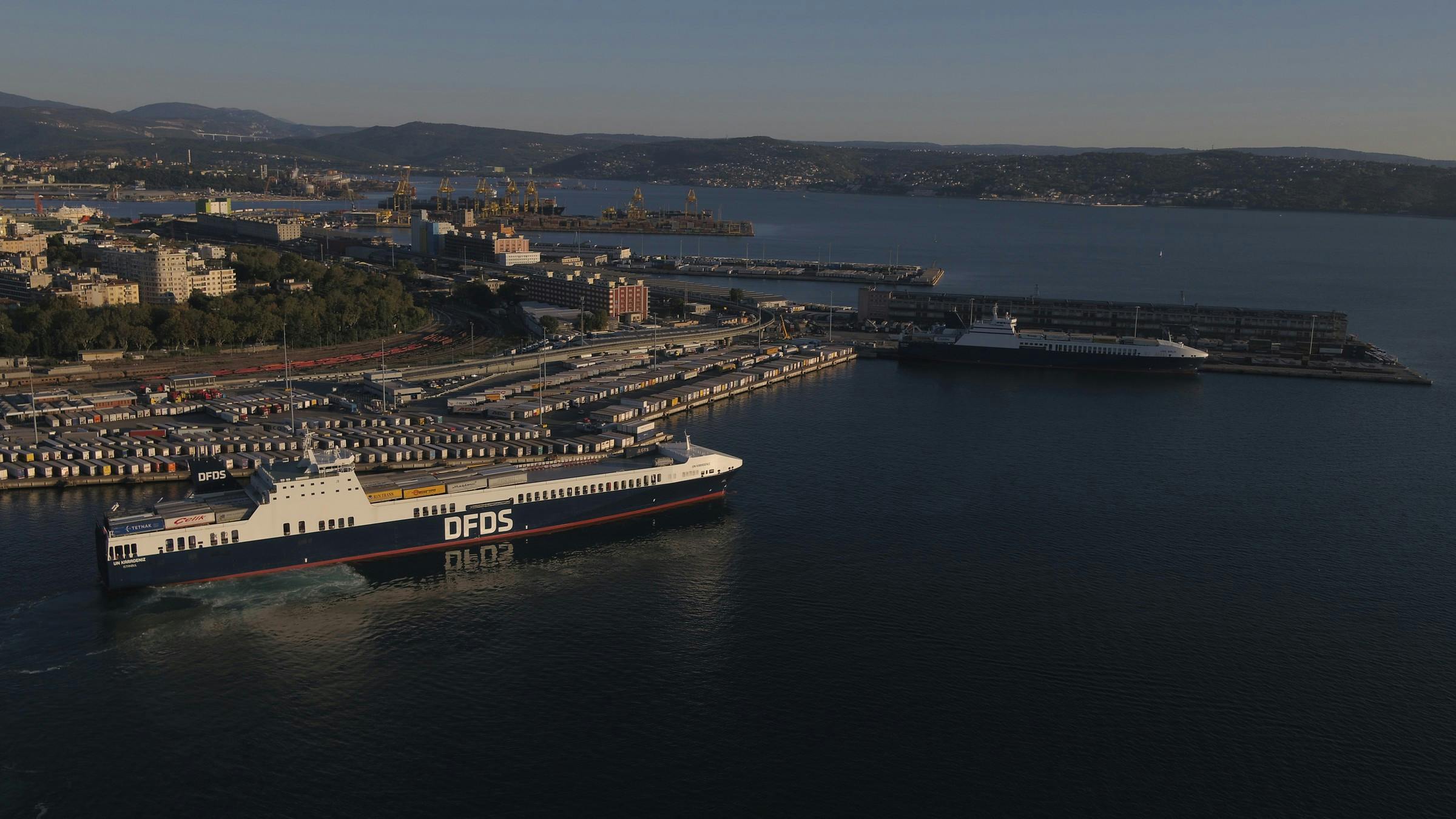 DFDS vessel in shore with cargo, drone image