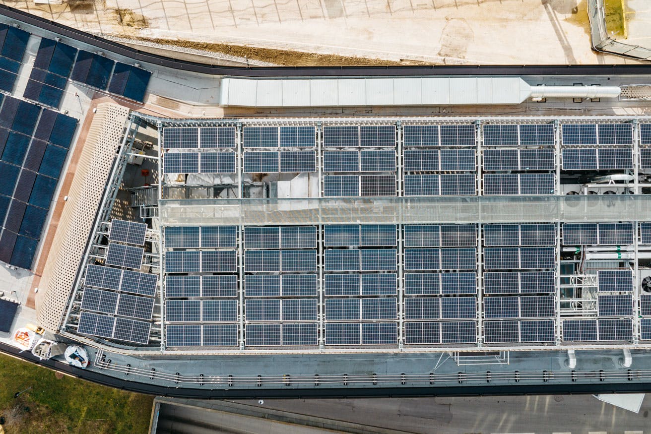 Sustainable, solar panels on a roof