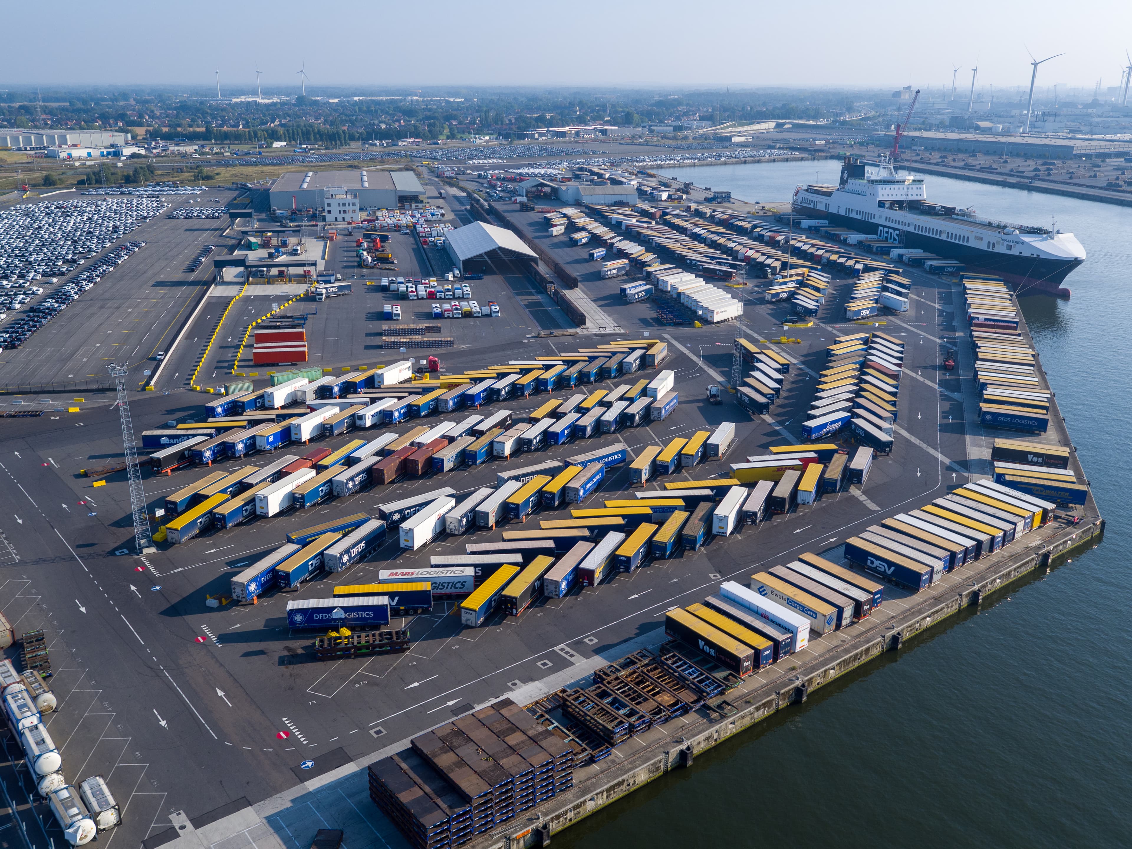 Aerial shot of containers lined up at the DFDS terminal in Ghent, Belgium