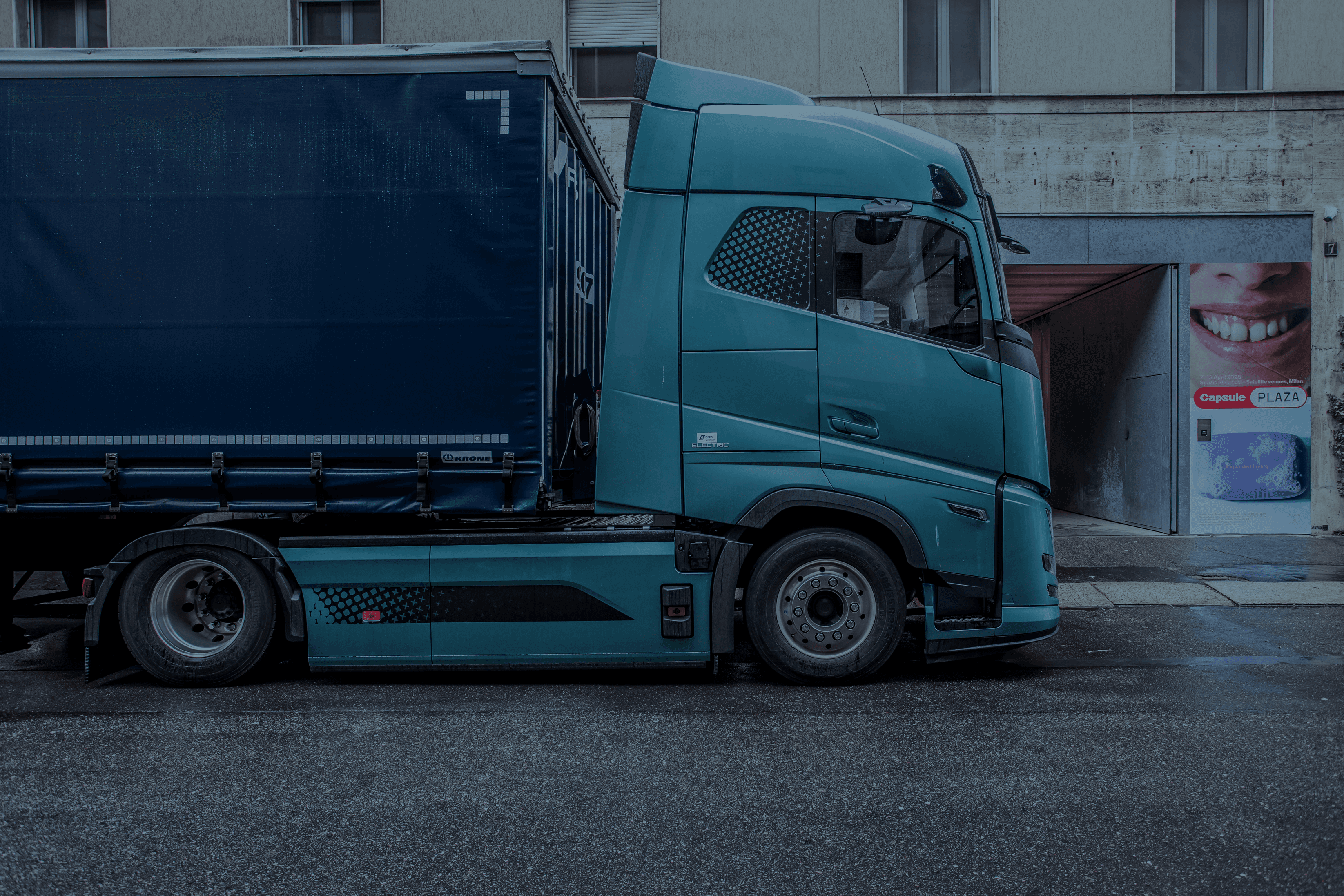 DFDS E truck seen from the side, taken in Milan