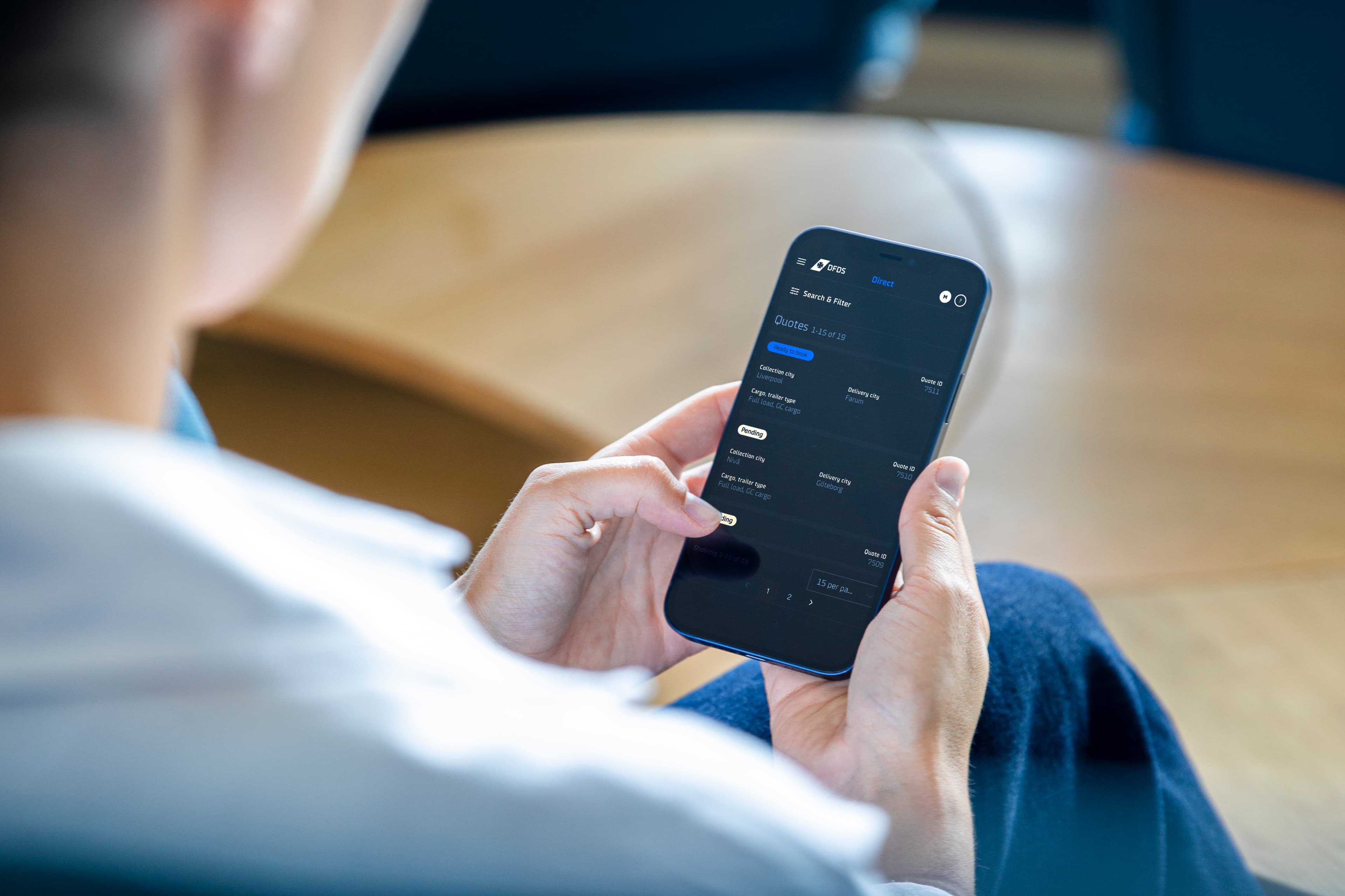 A customer creating an online booking through DFDS' app on their phone.
