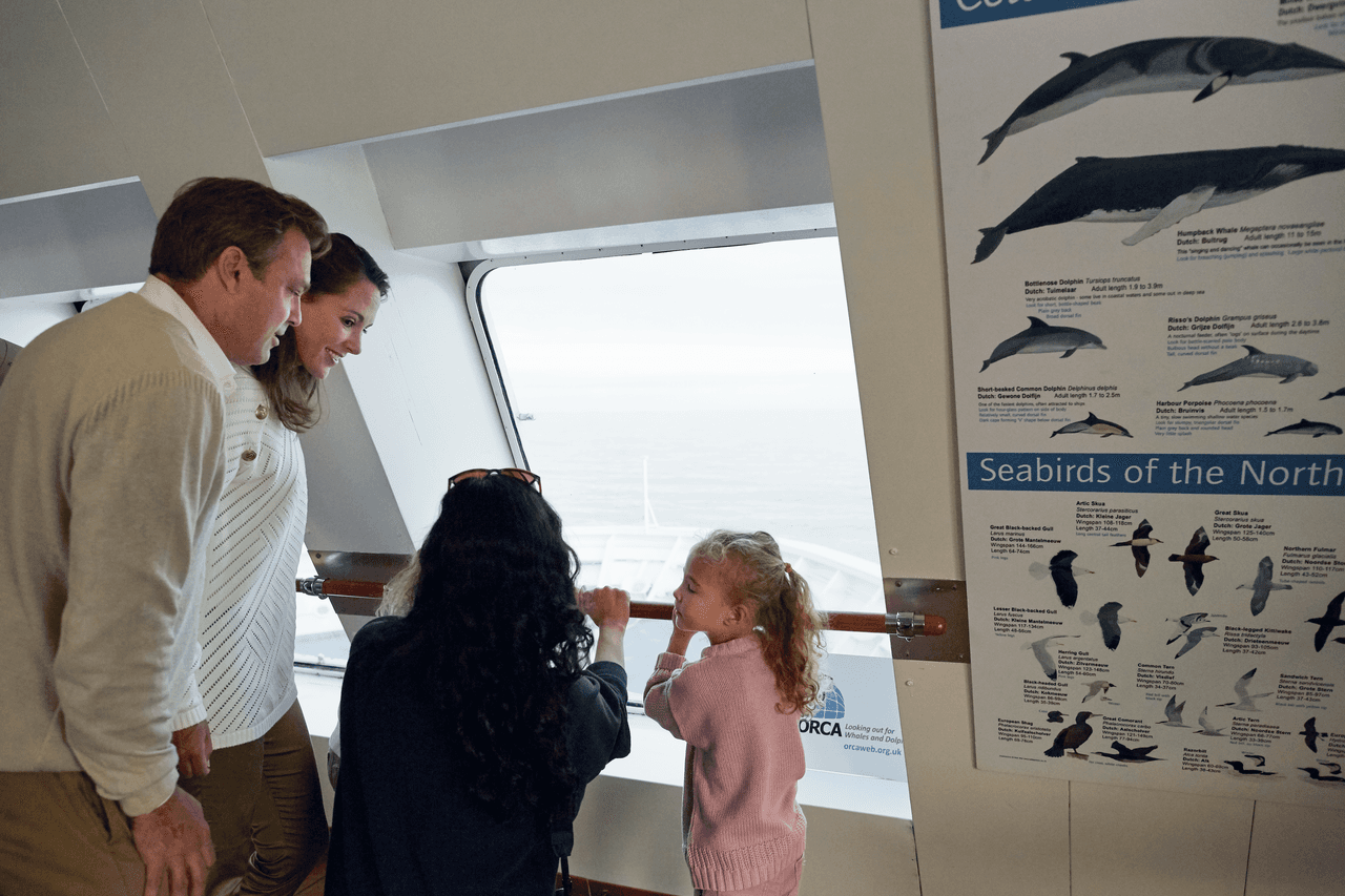 A little girl and her family stand by the window next to a poster featuring pictures of whales, dolphins and seabirds of the north