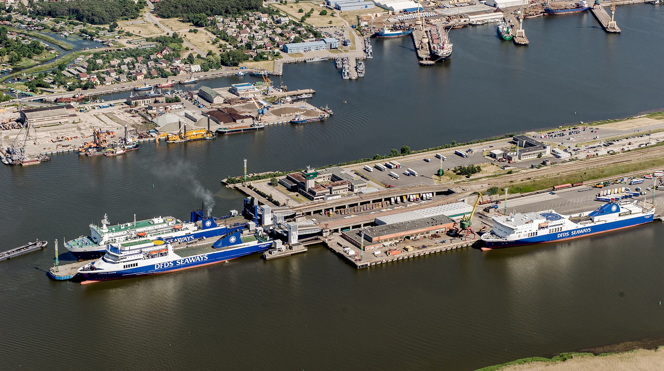 High aerial view of a DFDS terminal and vessels