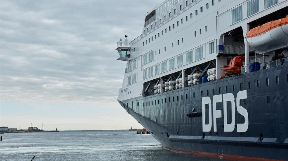 Low angle view of the side of a DFDS ship