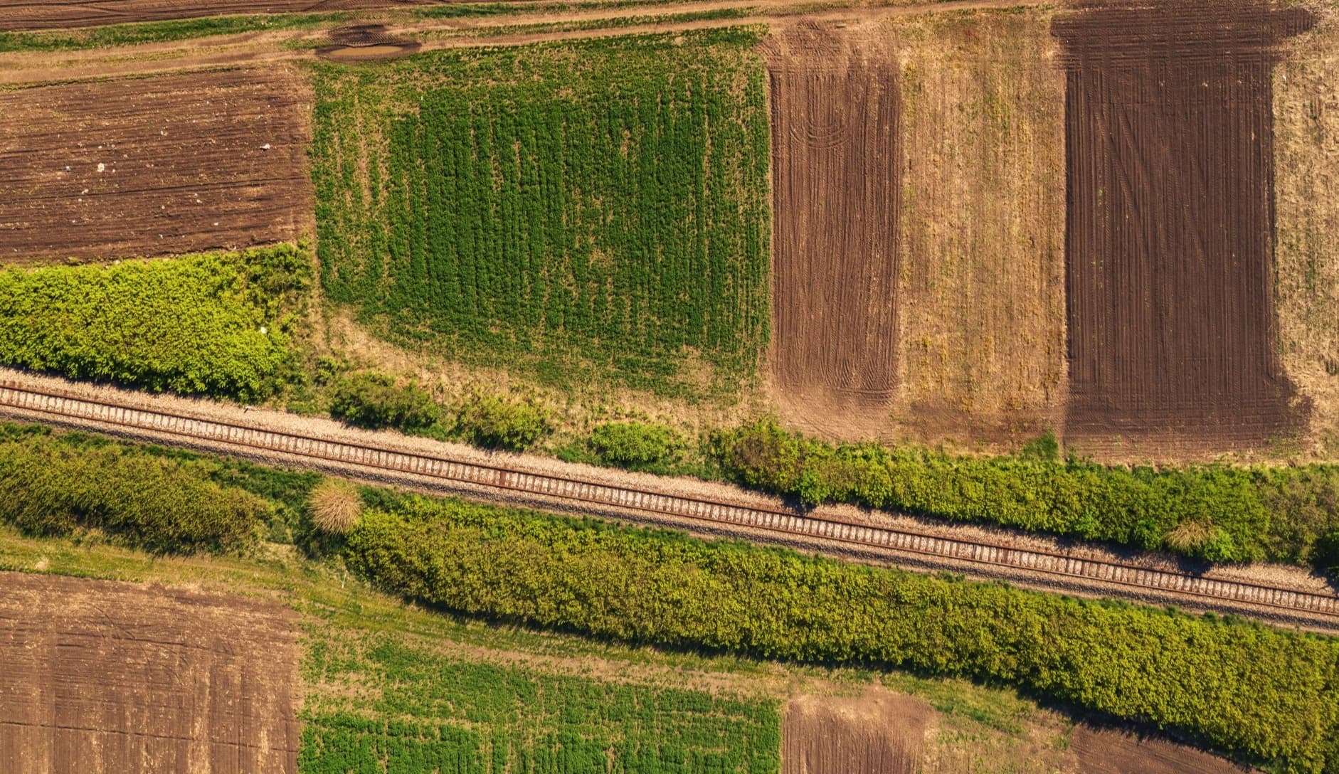 Aerial view of green and brown plots of countryside land, crossed by a rail track in the middle