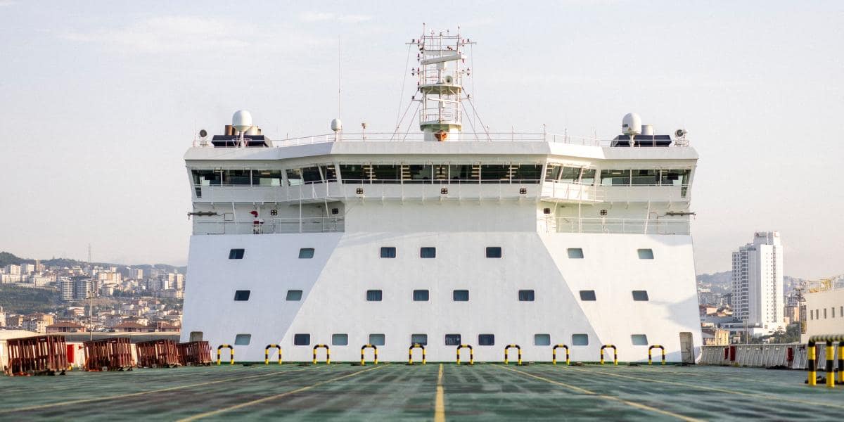 The white bridge from a DFDS vessel, as seen from the RoRo platform on that same vessel