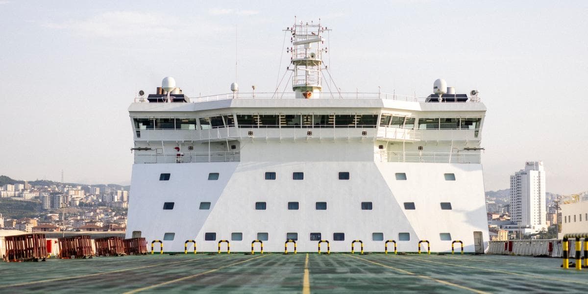 The white bridge from a DFDS vessel, as seen from the RoRo platform on that same vessel