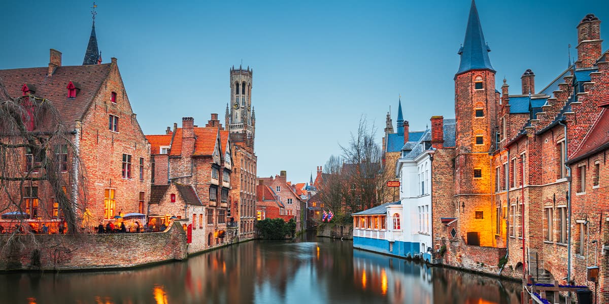 Bruges, Belgium, famous canals at dusk