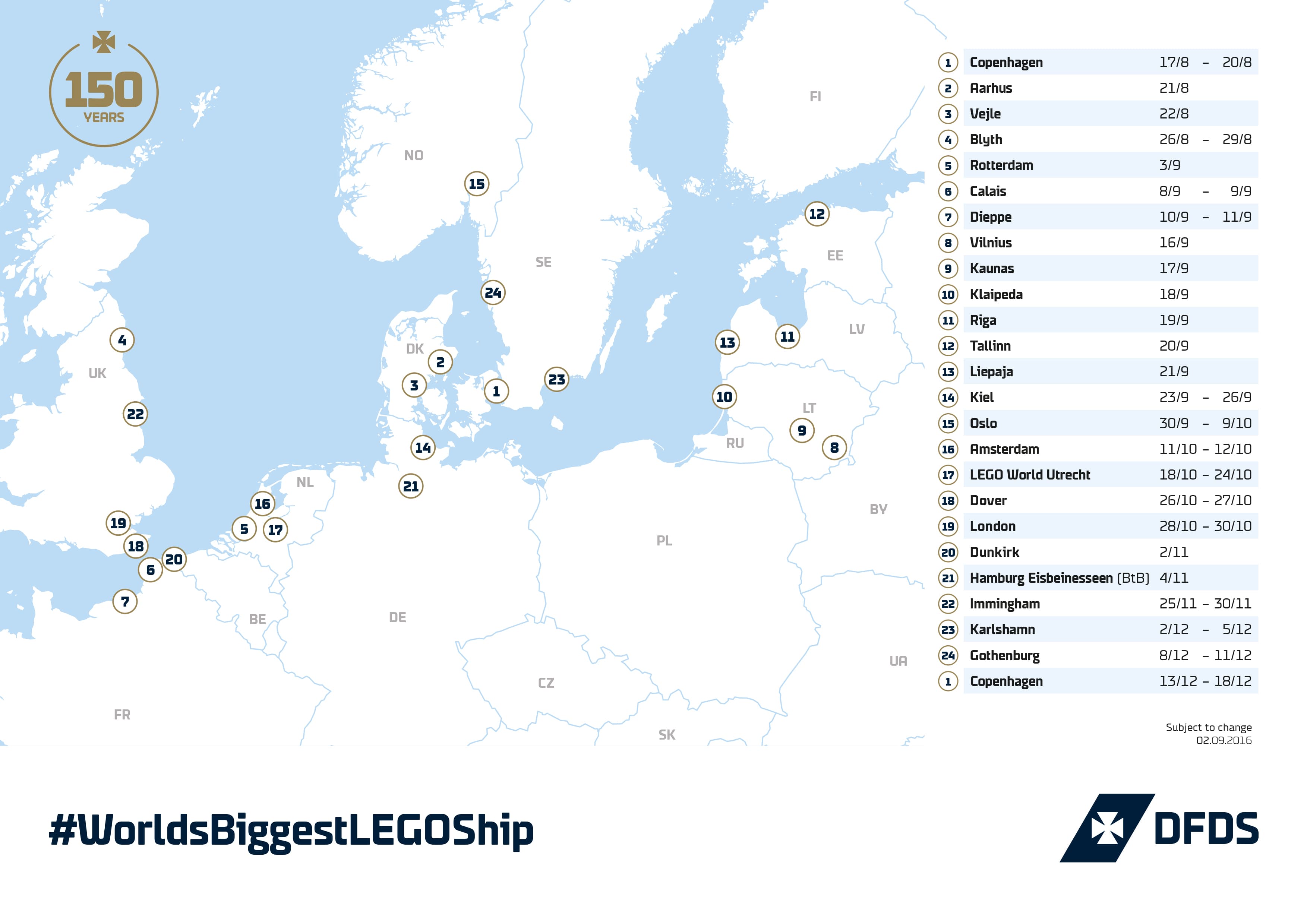 Jubilee Seaways, our world record LEGO ship, has embarked on a journey that lasts through the end of the year, visiting DFDS terminals and locations around Northern Europe. Chances are she’s going to be stopping near you.