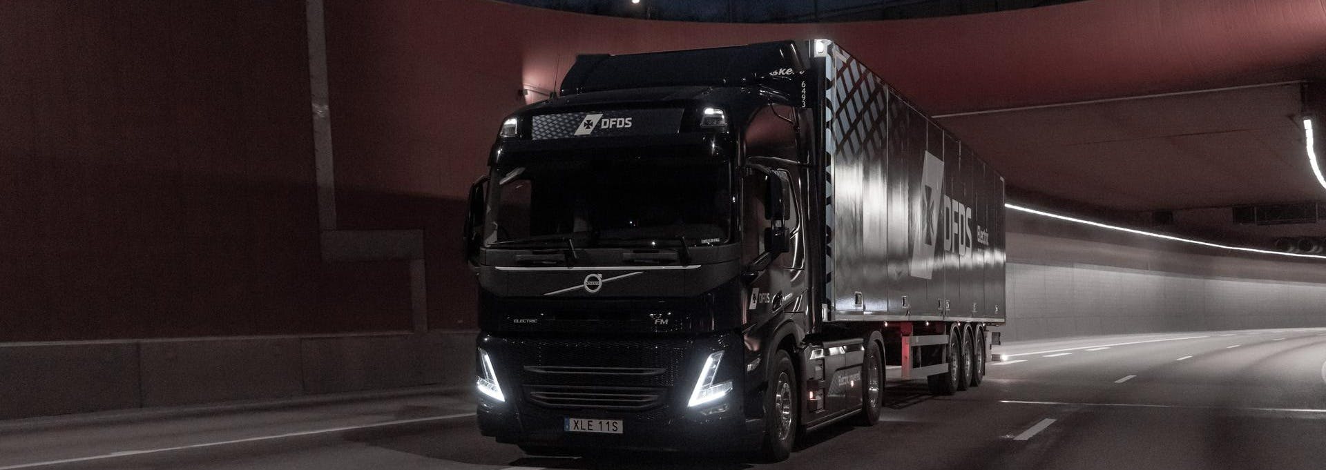 DFDS Electric truck, driving at night