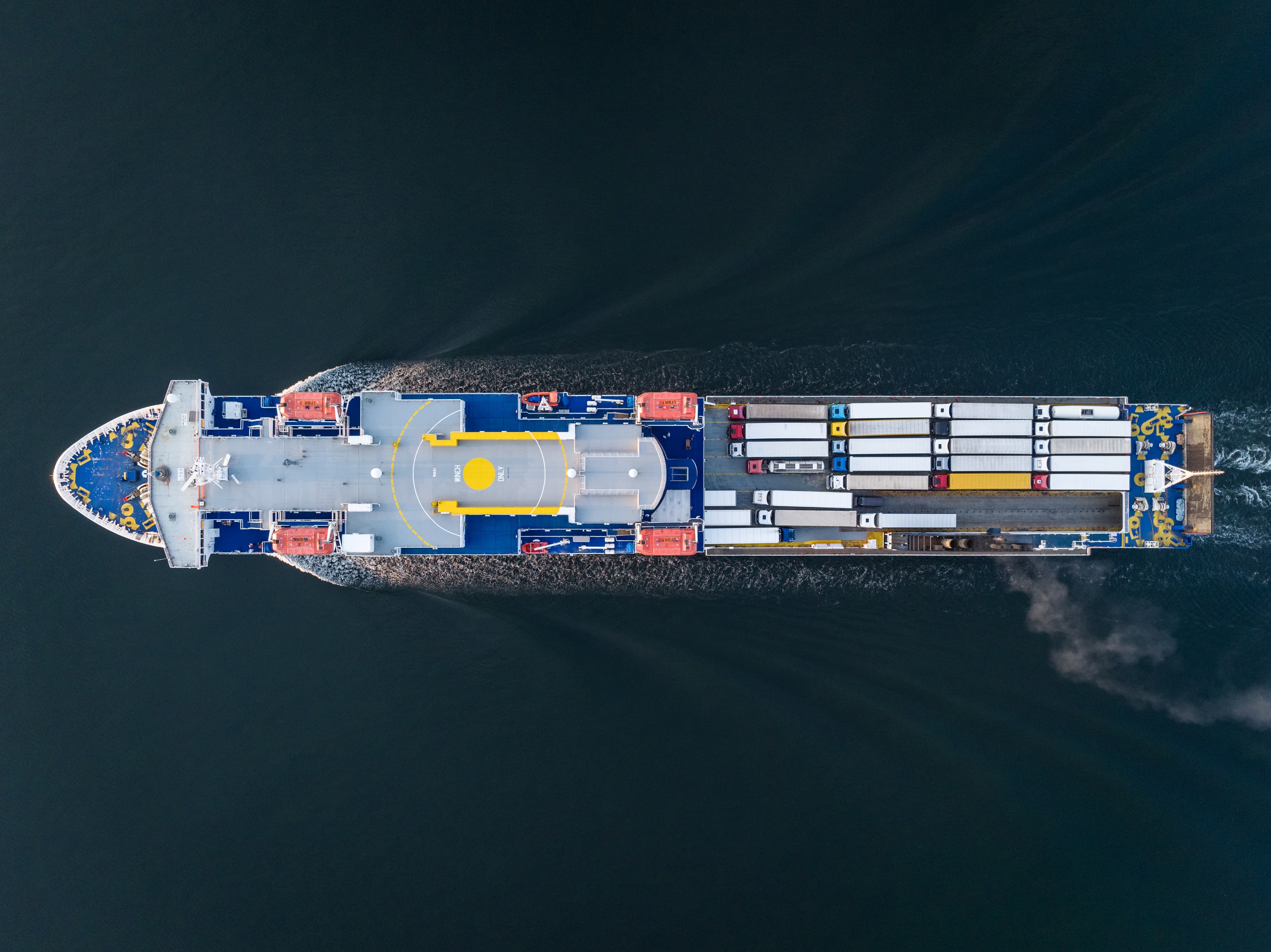 DFDS vessel Sirena Seaways on sea, as seen from above, drone view