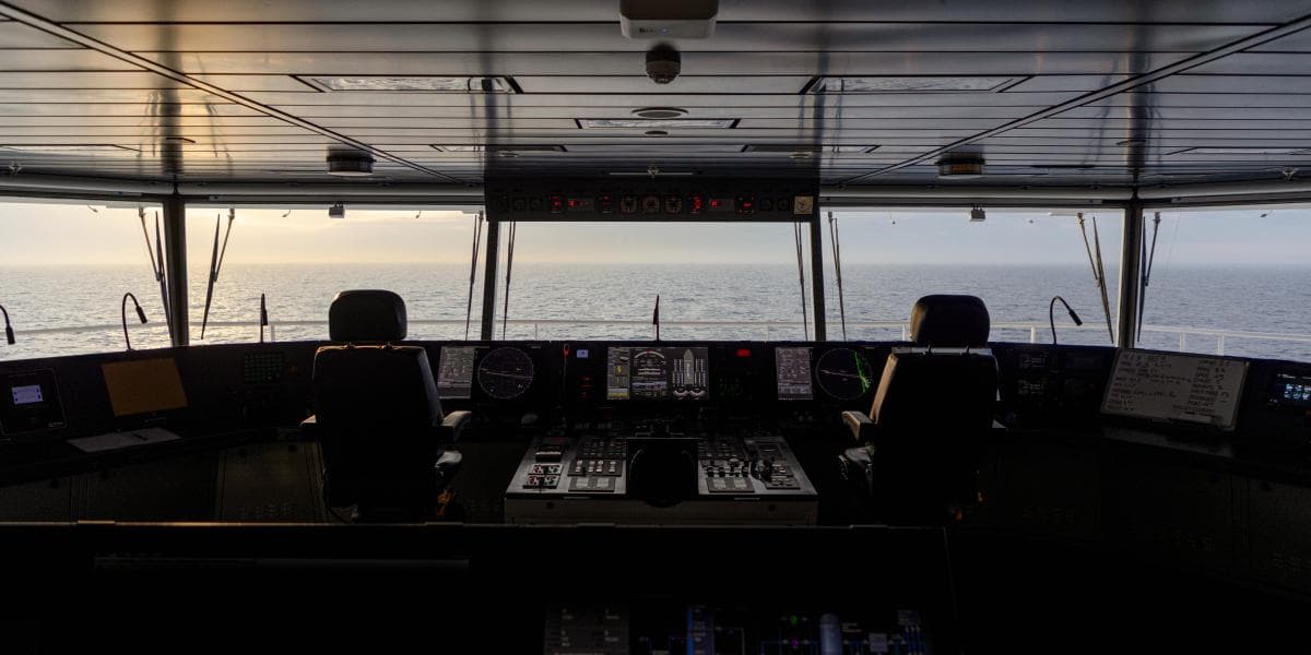 A panoramic view from the bridge of a vessel, sailing on the open sea