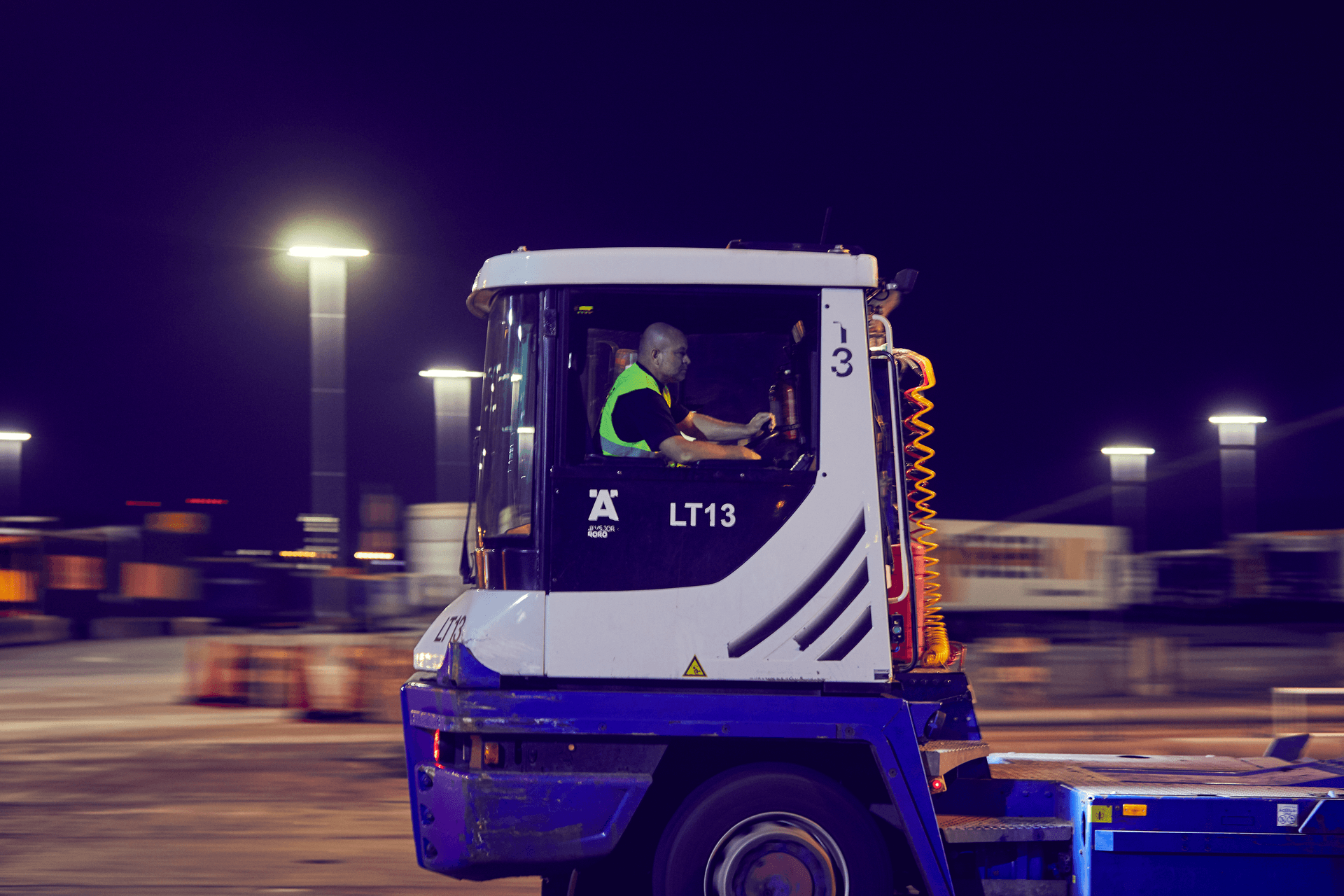 DFDS tug master operating in the night at Gothenburg terminal